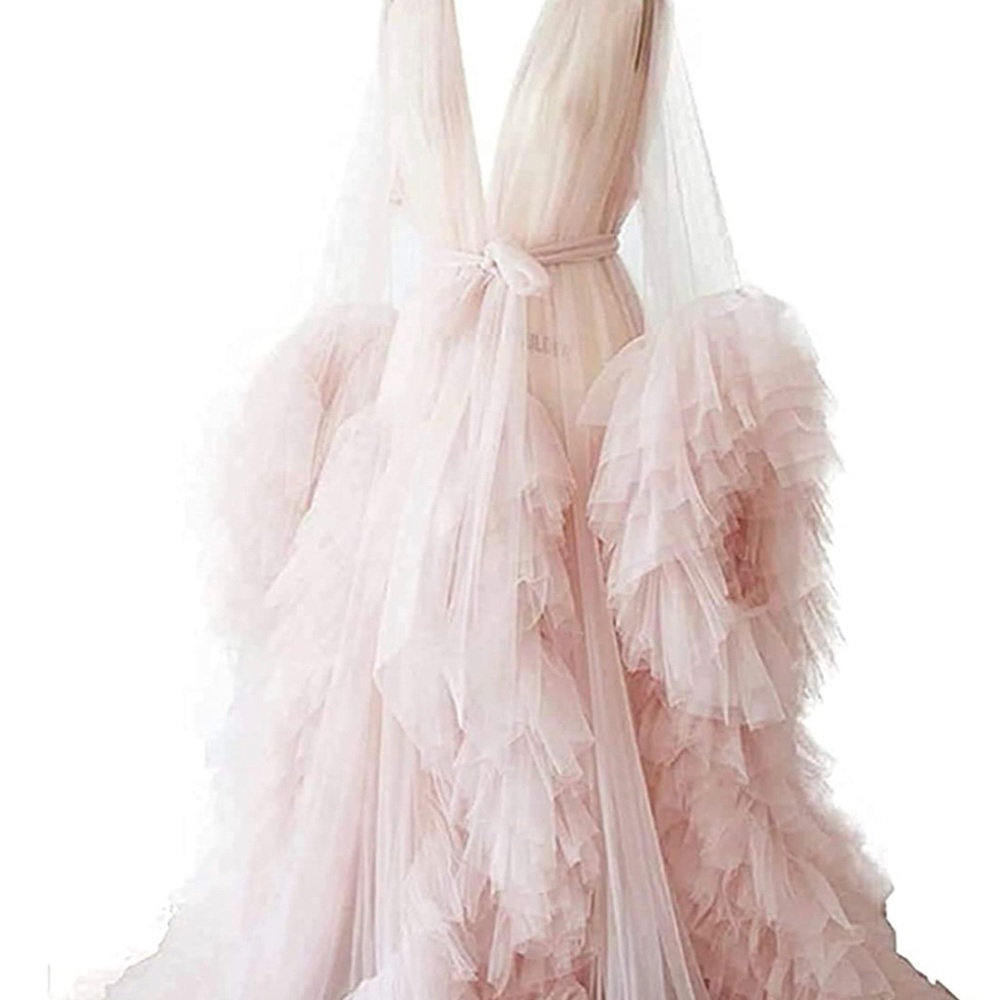 Ladies Dressing Gown Perspective Sheer Long Robe Puffy Tulle Robe Sheer (M)